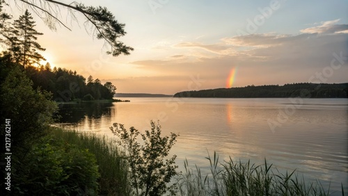 Gradual soft rainbow light flare in the background of a serene lake at sunset, lake, gentle colors, peaceful scene