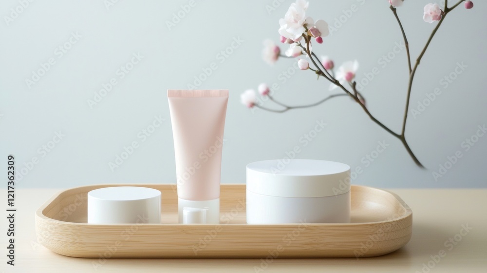 Wooden tray with three skincare products on it. on the left side of the tray, there is a tube of cream in a light pink color with a white cap. Wooden tray with three skincare products on it. on the left side of the tray, there is a tube of cream in a light pink color with a white cap.