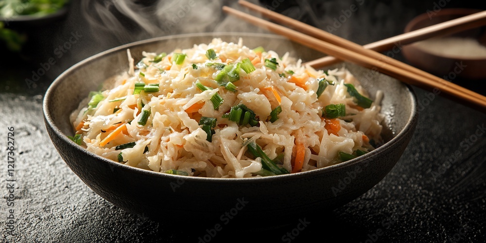 Steaming noodles, vegetables, dark bowl Steaming noodles, vegetables, dark bowl
