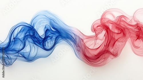 Abstract red and blue smoke waves on white background.