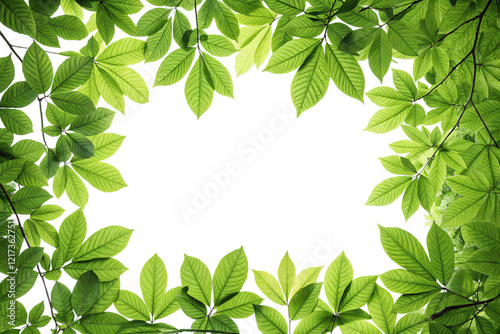 A delicate pattern of bright green leaves forms a rectangular border, with sunlight filtering through, enhancing a sense of serenity and growth. Isolated on a transparent background photo