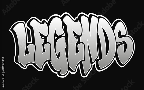 Bold silver graffiti lettering captured on a black background highlighting the word Legends in dynamic typography