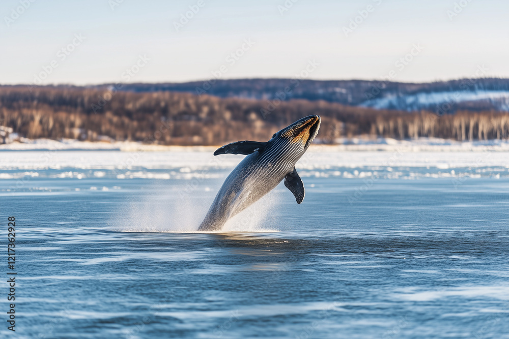 Fototapeta premium Selective focus blue whale jumping out of the water in winter, Landscape view of whale jumping on the ocean.