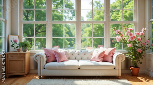 Sunlit living room with a white sofa and large windows overlooking a garden