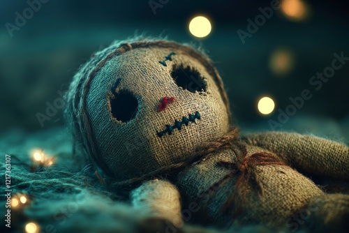 Burlap voodoo doll with stitched mouth and empty eye sockets lying on dark textured surface with mysterious sparkling lights photo