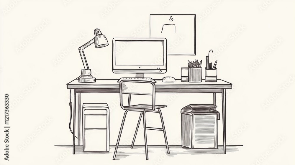 Minimalist workspace featuring a desk with a computer, lamp, and decorative elements