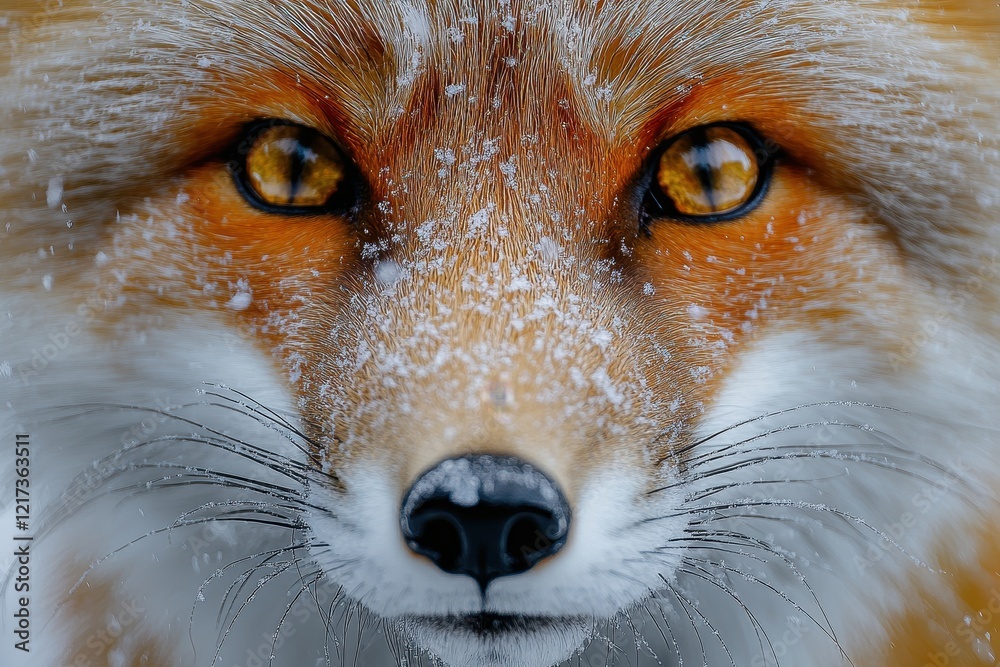Obraz premium Close-up of a fox's face covered in snow, showcasing its striking features.