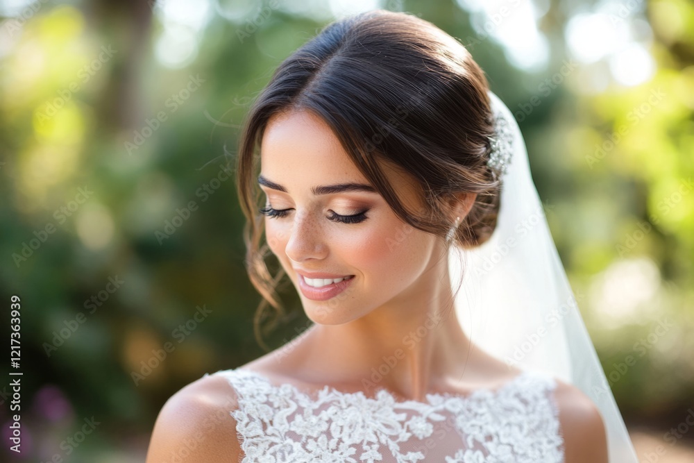 Beautiful bride smiling and wearing white dress outdoors Beautiful bride smiling and wearing white dress outdoors