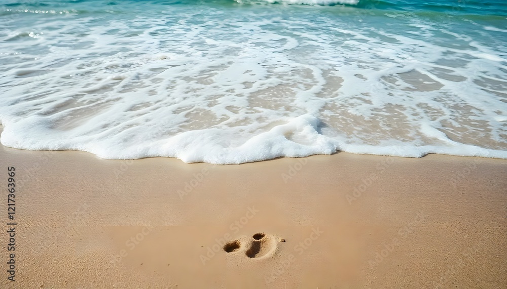 Tranquil beach scene featuring ocean waves gently lapping onto the soft sand with clear footprints