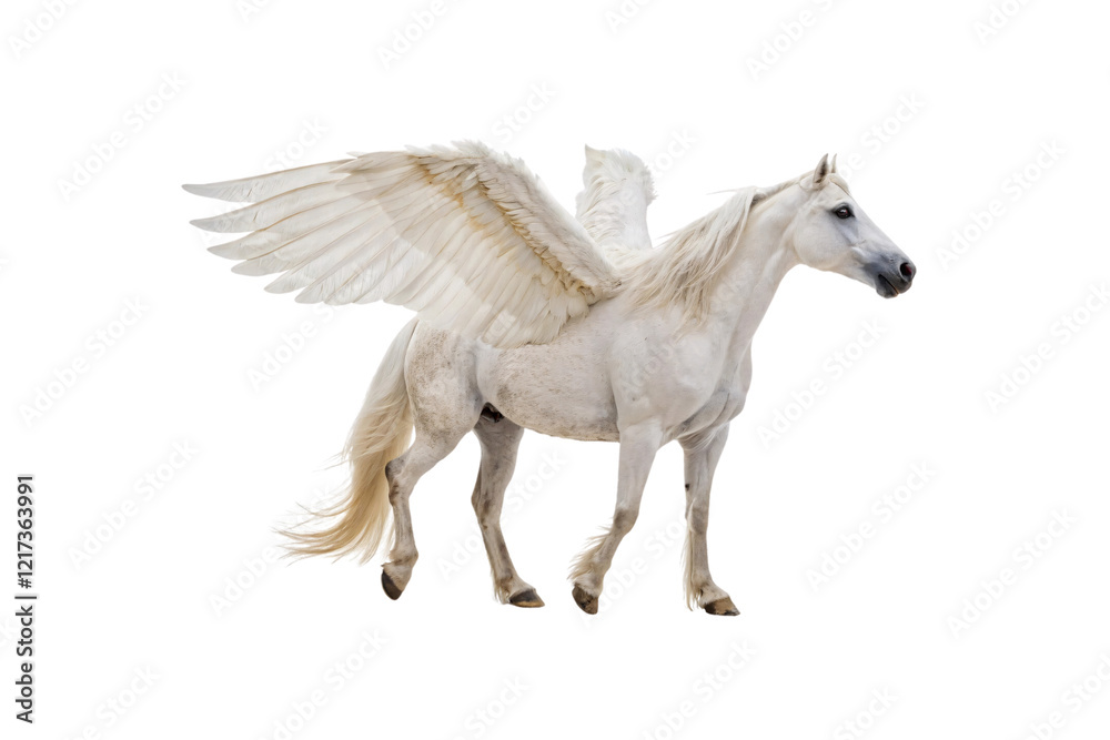 A majestic white Pegasus standing gracefully, large feathered wings outspread, exuding mythical beauty and elegance. Isolated on a transparent background A majestic white Pegasus standing gracefully, large feathered wings outspread, exuding mythical beauty and elegance. Isolated on a transparent background