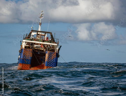 Large fishing vessel hauls trawling gear in the Atlantic waters.