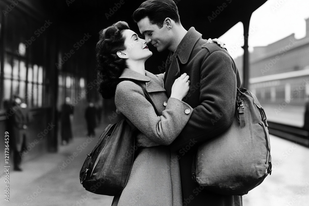 Obraz premium Vintage black-and-white photograph of a 1940s couple embracing at a train station during wartime.