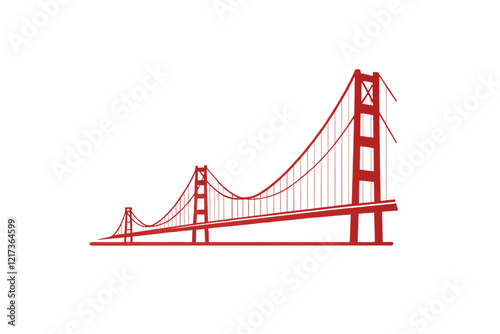 A red silhouette of a suspension bridge, resembling the iconic Golden Gate, emphasizing engineering marvels and elegant design. Isolated on a transparent background