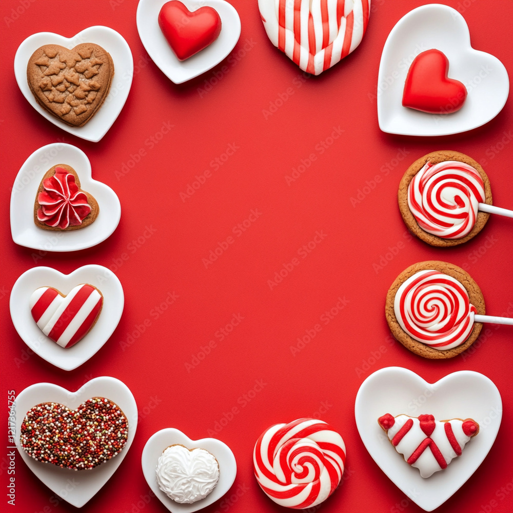 Obraz premium Valentine's Day cookies, heart-shaped treats, red background, white ceramic dishes, swirl lollipops, chocolate sprinkles, romantic desserts.