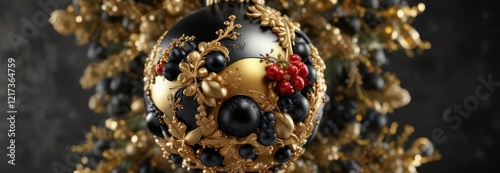 Gold and black glittering ornament with berries, glitter, ornaments, shine