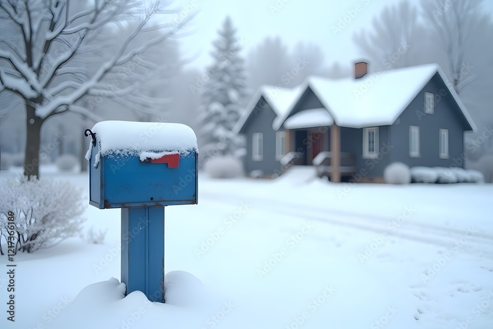 Snow-Covered Blue Mailbox in Winter Wonderland Setting Snow-Covered Blue Mailbox in Winter Wonderland Setting
