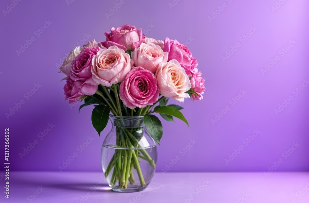 Obraz premium A Beautiful Arrangement of Pink Roses in a Clear Vase Set Against a Vibrant Purple Background