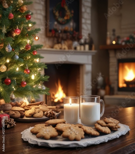 Glass of milk & Christmas cookies beside crackling fireplace, decorated trees , christmas, holiday cheer