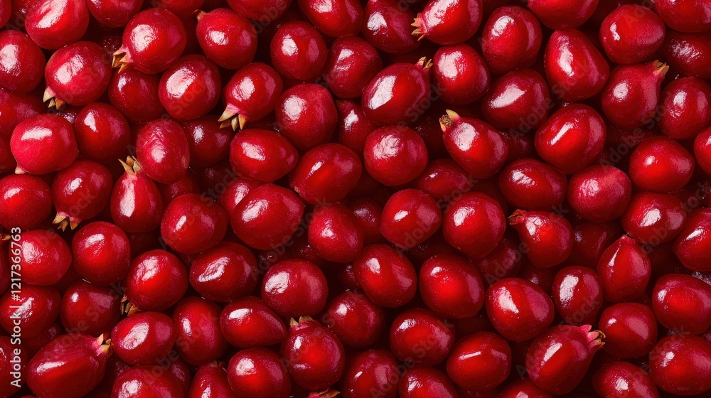 Close up of a pile of red cherries and pomegranate seeds in a vibrant natural pattern Close up of a pile of red cherries and pomegranate seeds in a vibrant natural pattern