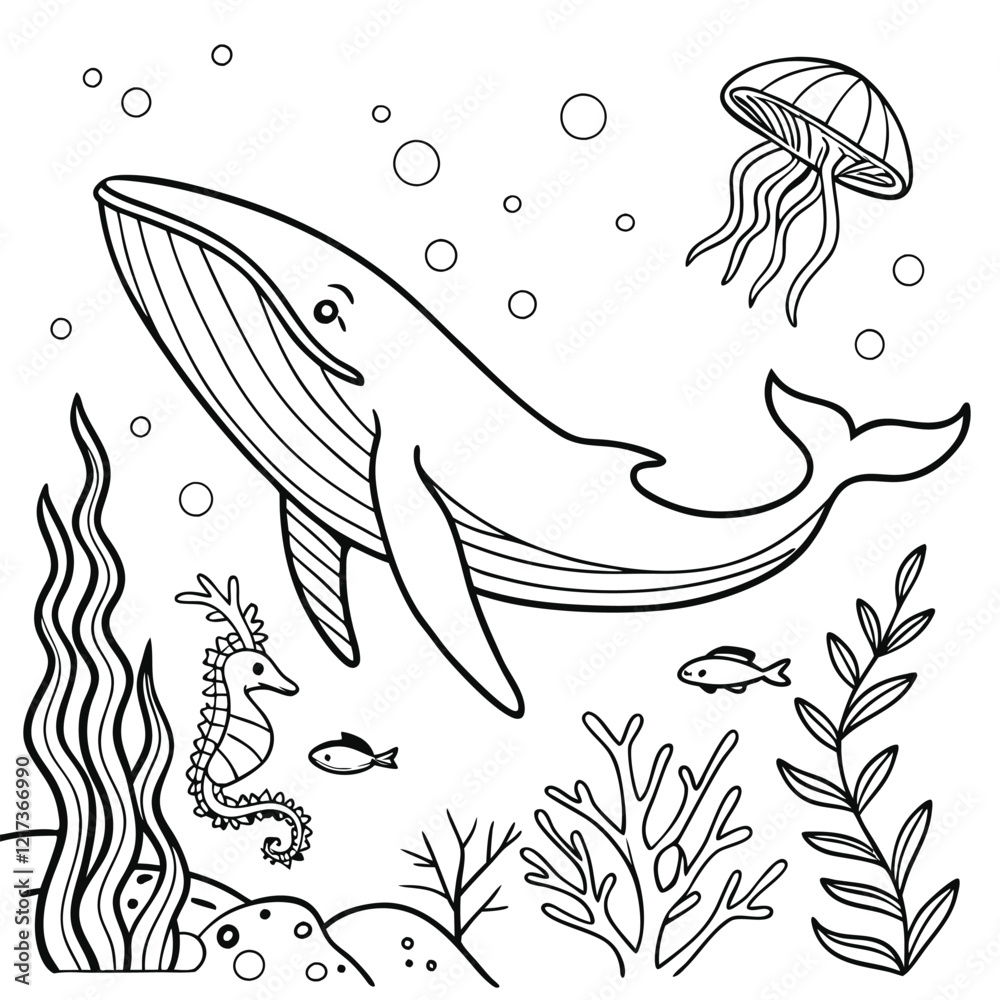 Naklejka premium Underwater Marine Life in Outline Style