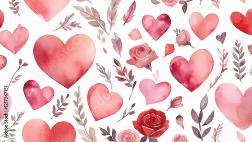 Seamless Valentine’s Day pattern with hand-drawn hearts, arrows, and roses in soft pink watercolor style.  
