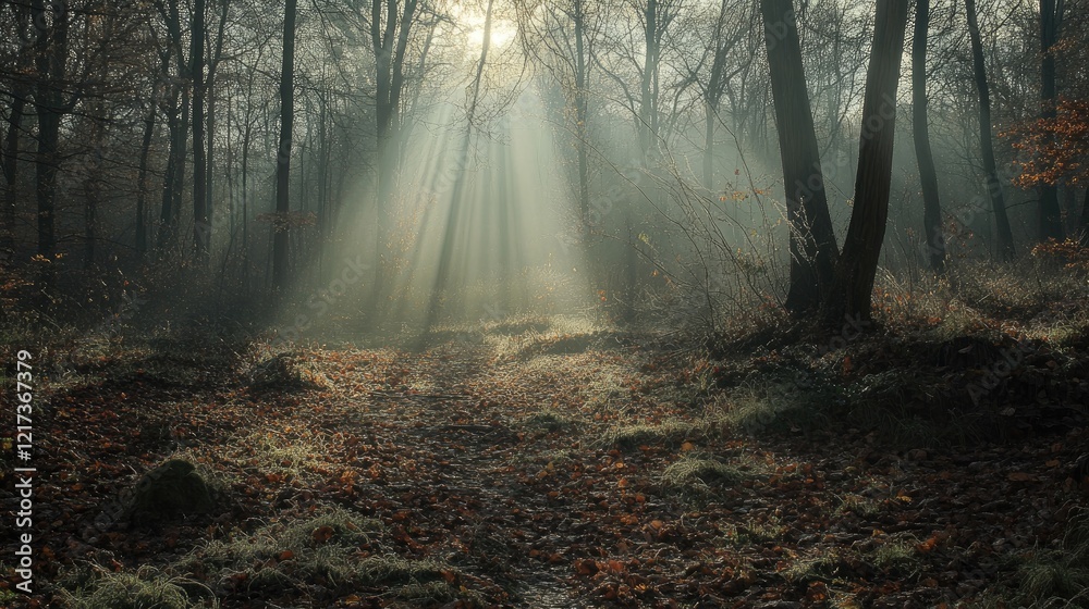 Fototapeta premium Sunbeams Piercing Through Misty Forest