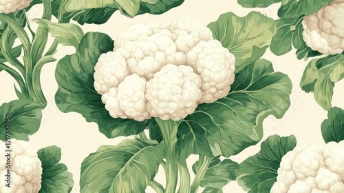 Seamless pattern of realistic cauliflowers and leaves on a beige background.