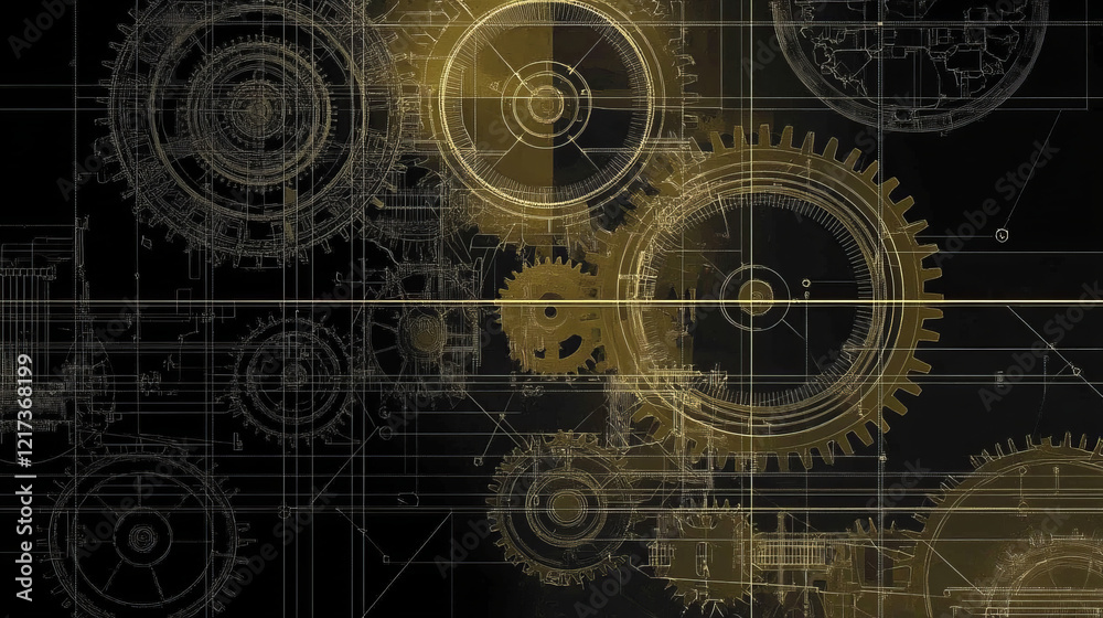 gold gear blueprint with interlocking cogs and steampunk design, featuring industrial art and mechanical engineering patterns in an abstract dark gold background for technology lovers