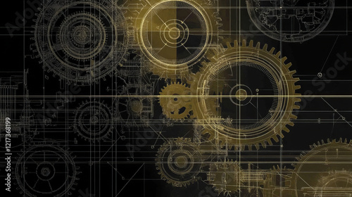 Obraz na płótnie gold gear blueprint with interlocking cogs and steampunk design, featuring industrial art and mechanical engineering patterns in an abstract dark gold background for technology lovers w salonie