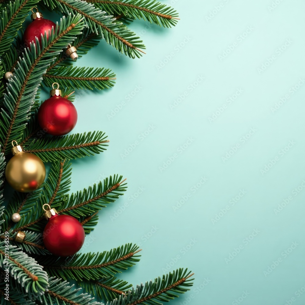 Frosty Evergreen border with gold pine branches and ornaments, greenery, festive Frosty Evergreen border with gold pine branches and ornaments, greenery, festive