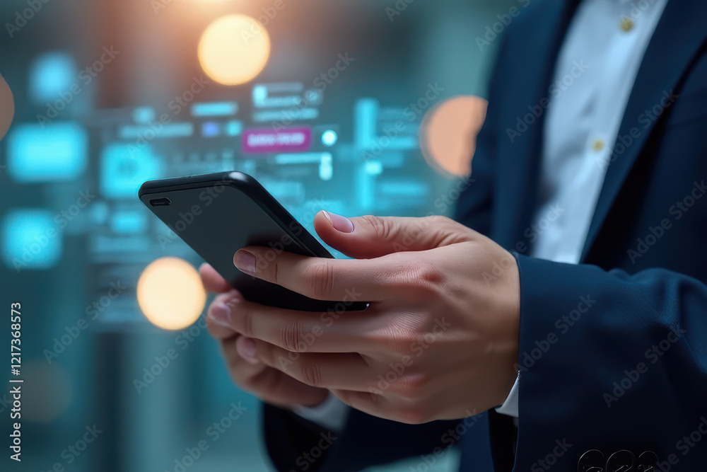 businessman using smartphone with futuristic digital interface in modern setting businessman using smartphone with futuristic digital interface in modern setting