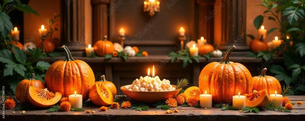 Obraz premium Flores de calabaza y zempas?chil en un altar elegante, sofisticado, decoraci?n