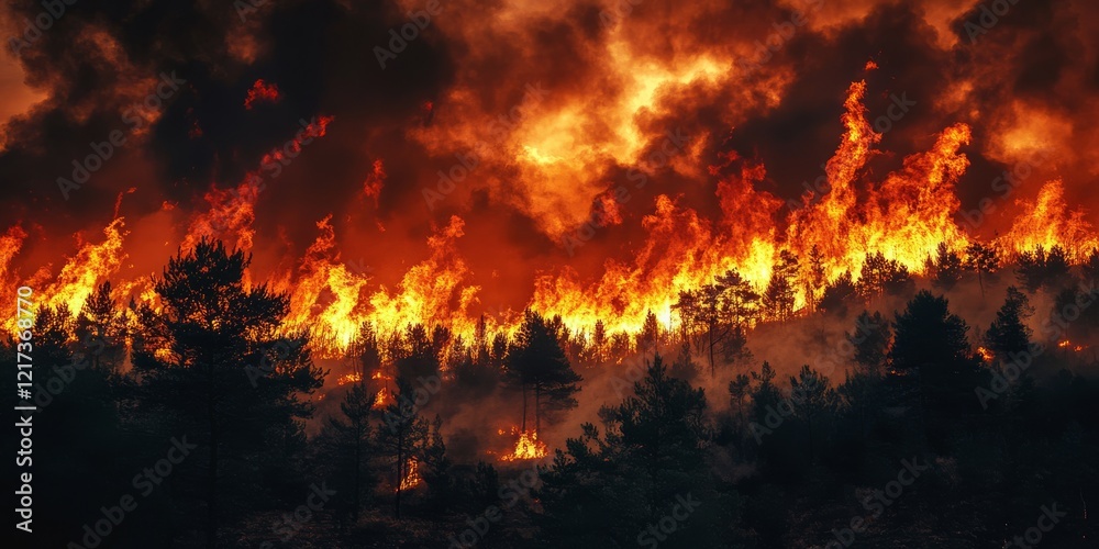 A vivid image shows an uncontrolled wildfire raging through a lush forest, with fierce flames and thick smoke, highlighting natures destructive power that can obliterate landscapes in moments A vivid image shows an uncontrolled wildfire raging through a lush forest, with fierce flames and thick smoke, highlighting natures destructive power that can obliterate landscapes in moments