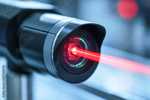 A camera lens with a red laser light shooting out of it photo