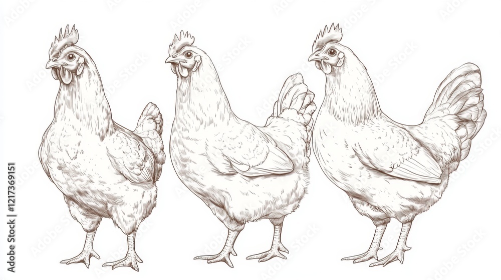 Fototapeta premium Three detailed sketches of chickens showcasing different postures and feather textures