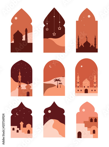 Set of nine minimalistic Islamic window-shaped illustrations with mosques, deserts, and stars	
