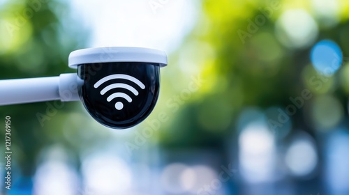 Camera with wifi logo and public wifi security symbol on display for wireless connectivity