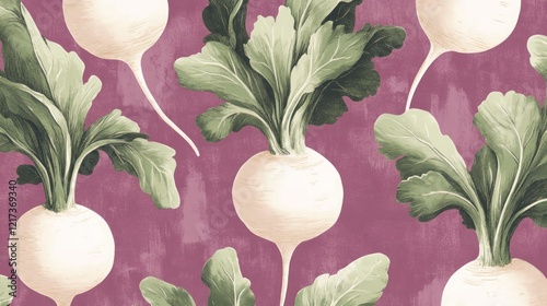 Seamless pattern of white turnips with green leaves on a mauve background.
