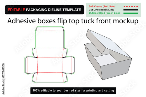 Adhesive boxes flip top tuck front mockup dieline for innovative packaging solutions, flip top box, tuck front box, mockup, dieline, dieline template, die cut template, printable dielines