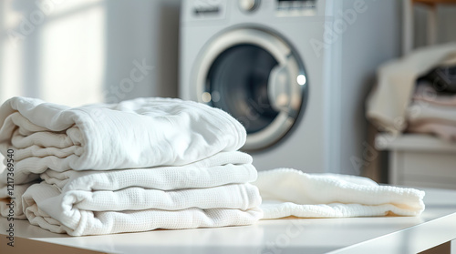 white table decorated with neatly folded piles of clean linen and towels in laundry room; washing machine in the background creating homely atmosphere in the room