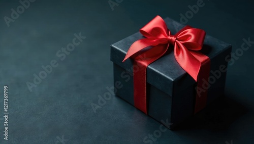 Dark background with a present box that has a red ribbon and bow tied to it with a subtle shadow effect, dark, shadow