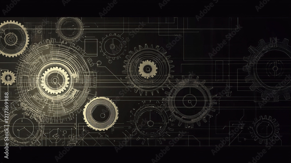 detailed technical drawing of interlocking gears in a mechanical diagram with engineering blueprint style on dark industrial background detailed technical drawing of interlocking gears in a mechanical diagram with engineering blueprint style on dark industrial background