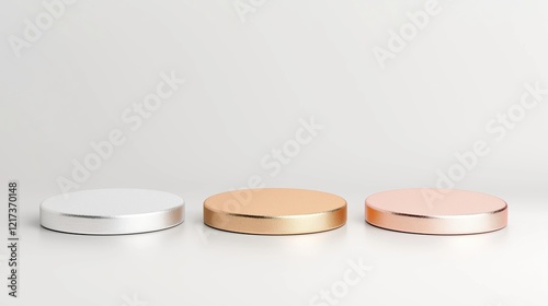 Metallic cylindrical podiums in gold, silver, and bronze