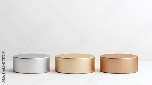 Flat metallic podiums in gold, silver, and bronze on white background photo