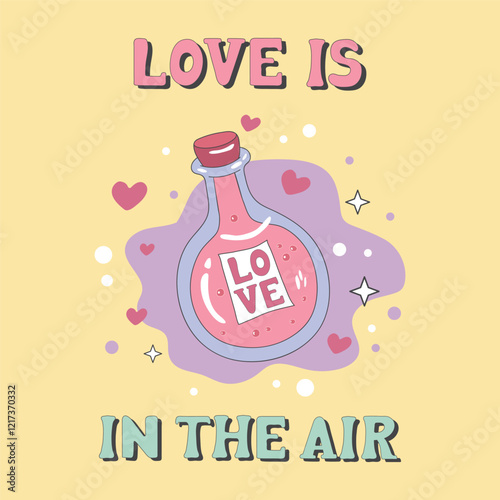 Retro Y2K love elixir, cartoon comic art for Valentine day, vector icon. Groovy love elixir in retro cartoon animation style for love emotion sticker or wedding and marriage design
