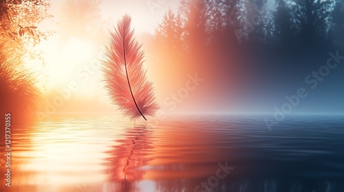 Ethereal Feather in Vibrant Pink and Orange on Shimmering Water, A Masterpiece of Dreamy Details and Cinematic Focus,鮮やかなピンクとオレンジの水面に浮かぶ非現実的な羽根、夢のような詳細とシネマティックフォーカスの名作.Generative AI photo