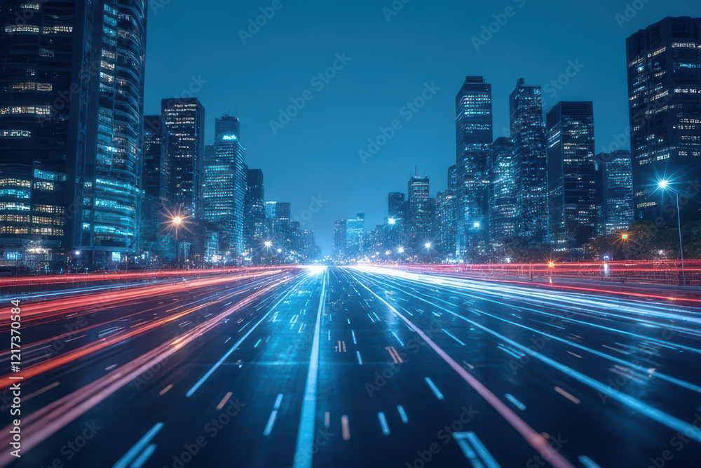 Fototapeta premium Cityscape at night with light trails on busy road, showcasing urban energy