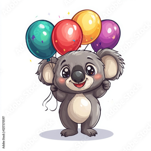 Cute koala holding colorful balloons, celebrating joyfully and playfully photo