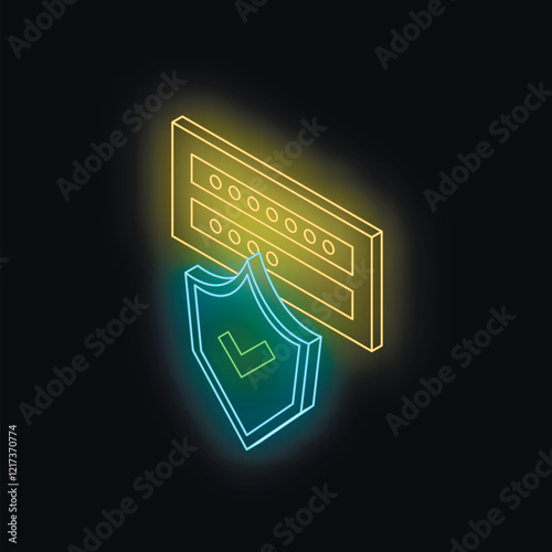 Glowing neon server and shield with checkmark symbolize successful data protection and cybersecurity