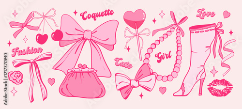 coquette pink bows, beads, cute bag, shoe, sweets, lipstick kiss, cute creative hand drawn elements set,  trend, decoration,  vector illustration